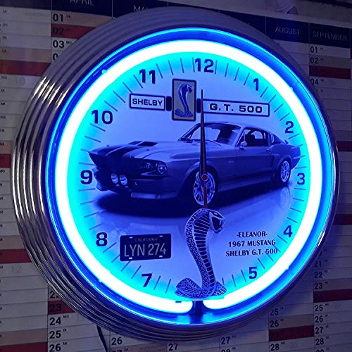 Neon reloj Neon Reloj Eleanor Mustang Shelby G.T. 500, Reloj de pared iluminado con anillo Neon Azul. NUEVO con números Cartel. disponible también con otros Neon Colores.