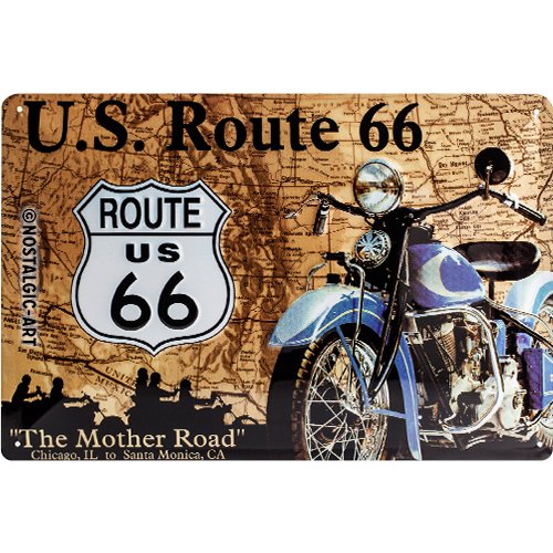 Nostalgic-Art Route 66 Map Placa Decorativa, Metal, Marrón y Beige y Azul, 20 x 30 cm