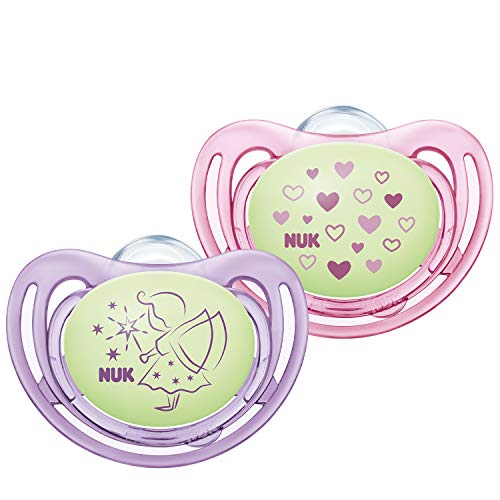 NUK Freestyle Night Chupete | con efecto luminoso | silicona | 0-6 meses | forma adaptada a la mandíbula | lila y rosa | 2 unidades