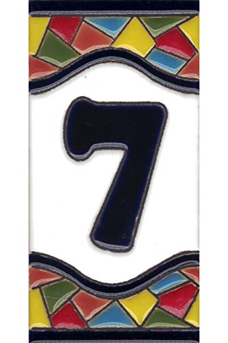 Números casa exterior - Placa Puerta - Cerámica esmaltada - Pintados a Mano con la técnica de la cuerda seca - Nombres y direcciones - Modelo Grande Mosaico 7,5 cms x 15 cms (Número Siete"7")