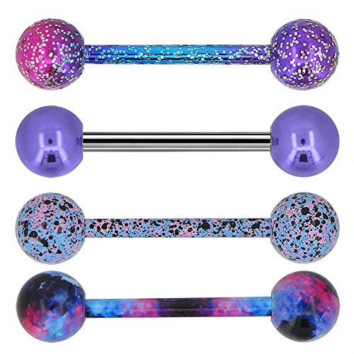 OUFER 4Pcs 14G 316L Stainless Steel Tongue Bars Planet Color with Glitter Swirl Splatter Tongue Piercings Tongue Ring Set