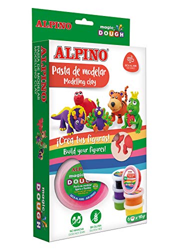Pasta para Modelar Alpino Magic Dough -6 Botes de Colores - Pasta de modelar para manualidades niños - No Mancha, Pasta de Secado al Aire, Incuye Folleto - Sin Gluten