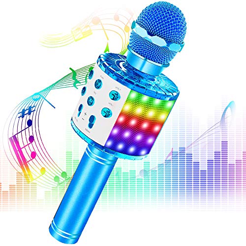 Phiraggit Micrófono Karaoke Bluetooth, Microfono Inalámbrico Karaoke Portátil con Altavoz y LED para Niños Canta Partido Musica, Compatible con Android/iOS PC, AUX o Teléfono Inteligente (Azul)