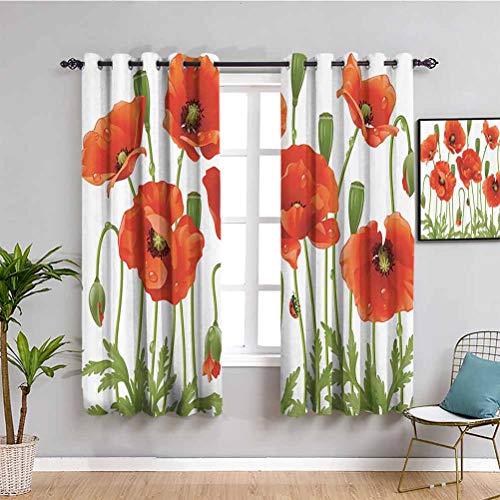 Poppy Decor Collection - Cortina de ventana con diseño de flores silvestres, diseño de mariquita, color naranja, rojo, verde