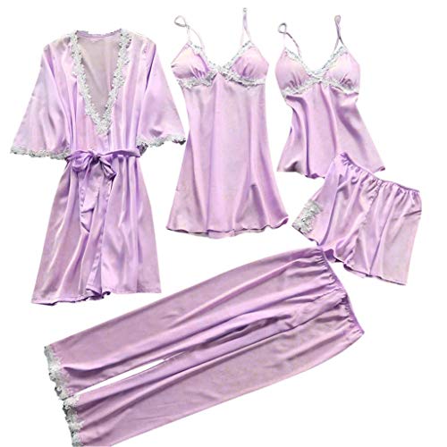 Proumy Conjunto Pijamas Mujer Verano Batas Sexy de Seda 5 Piezas Sets Camisola de Tiras Pantalones y Calzoncillos Kimono Cuello V Larga Chaleco de Encaje Floral Blanca Ropa de Dormir Vestido Rosa