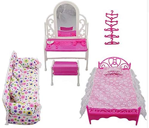 Qiraoxy 8 Items/Lot Princess Furniture Accessories Kids Gift 1xDresser Set + 1x Sofa Set+1xBed Set + 5X Hangers for Doll