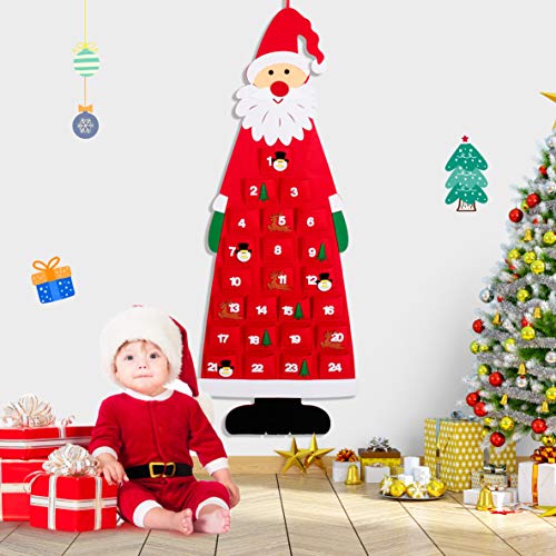 Rolimate Calendarios de Adviento de Navidad, 115x45 CM Calendario de Adviento de Papá Noel para Colgar en la Pared con Bolsillos 24 días, Decoraciones para la Puerta de la Oficina en casa- Rojo