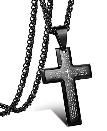 sailimue Acero Inoxidable Collar Cruz para Hombre Mujer Colgante Cruz Biblia Oración Collar Cadena Negro, 61CM