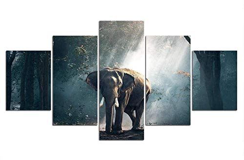 Sihuanian 5 piezas de fotos en lienzo 5 juegos de pinturas impresas Art Deco de alta definición y carteles La fantástica pintura del elefante del bosque (100 x 50 cm sin marco)