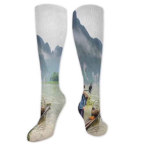 sleep socks,Traditional Chinese Fisherman With Birds And Basket On River Fog Mountains Trees,Womens Funny Socks Ladies Cotton Socks Funky Socks Novelty Crew Mens Socks, Christmas Gift