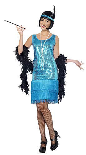 Smiffys Disfraz de chica joven coqueta años 20, con vestido azul cerceta, tocado y collar