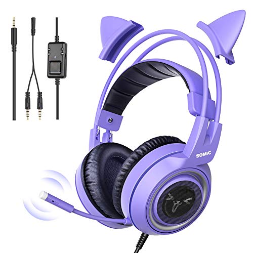 SOMiC G951S Púrpura Auriculares para Juegos con micrófono, Niñas Mujeres, Oreja de Gato extraíble, Auriculares con Control de Volumen para Xbox One, Switch, PS4, iPhone, iPad - Jack de 3,5 mm