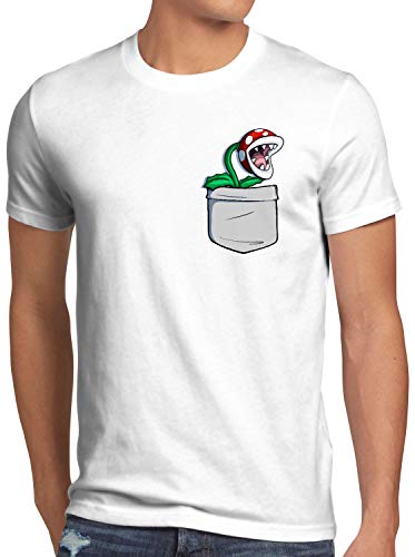 style3 Planta Piraña Bolsillo Camiseta para Hombre T-Shirt Pocket Mario Switch SNES, Color:Blanco, Talla:4XL