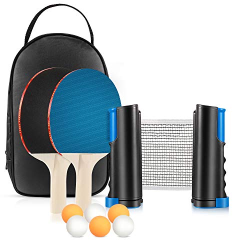 Tencoz Set de Tenis de Mesa, Set de Ping Pong Portátil con Red Retráctil, 2 Raquetas y 6 Pelotas, Palas Tenis de Mesa Ping Pong Profesional para Interior Exterior Juego Niños Familiar