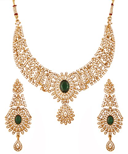 Touchstone Indian Bollywood Sparkling White Rhinestone and Faceted Oval Shape Green Faux Emerald Bridal Designer Jewelry Necklace Set for Women in Antique Gold Tone