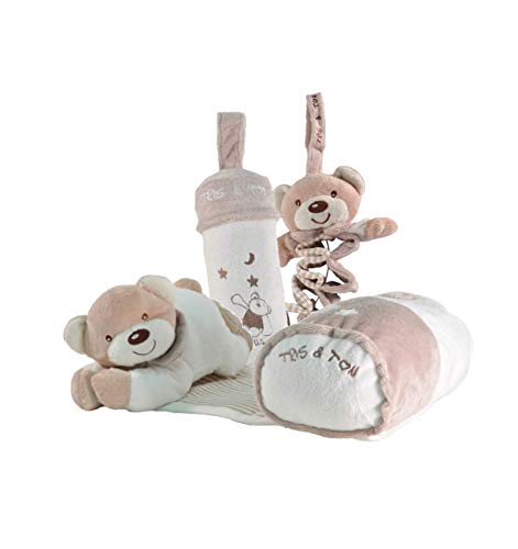 Tris & Ton Pack regalo recién nacido Osito siesta musical, peluche acordeón musical y portabiberon cesta original niño niña (trisyton) (beige)