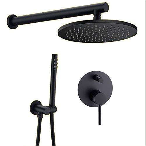 Trustmi - Set de grifo de ducha redondo de latón de 20,3 cm, con kit de válvula de desvío mezcladora en 2 vías oculta, en color negro mate