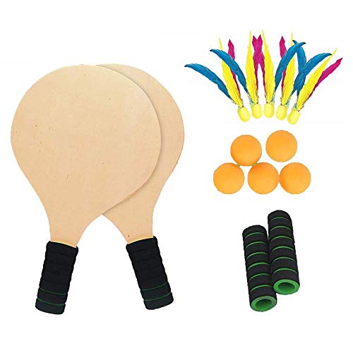 Twiddlers Juego Kit De Raquetas Palas Badminton Playa con Volantes - 2 Madera Cricket Tenis Bádminton Paleta Conjunto 5 Bolas Pingpong - Actividad en Interiores y Exteriores - Deportes Juegos