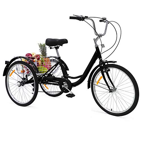 UFLIZOGH Triciclo para adultos con cesta, rueda de 24 pulgadas, marco de aleación, 3 ruedas, para adultos y personas mayores (negro)
