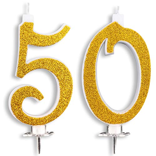 Velas Maxi de 50 años para tarta de fiesta de cumpleaños, boda, 50 años | Decoraciones de velas, cumpleaños, aniversario, tarta de 50 años | Fiesta temática | Altura 13 cm dorada con purpurina