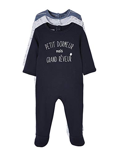 VERTBAUDET Lote de 3 pijamas para bebé de terciopelo con automáticos detrás AZUL OSCURO BICOLOR/MULTICOLOR NACIMIENTO - 50CM