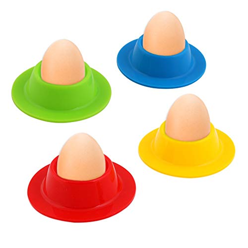 Vicloon Huevos Taza, Silicona Huevera para el Desayuno, Huevo Titular con el Almacenamiento de Huevo Cuchara y Cáscara de Huevo - 4 Color 4 Piezas