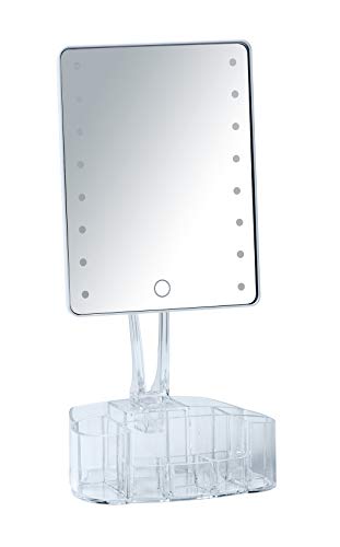 WENKO Espejo LED de pie con organizador Trenno - Espejo para cosmética, espejo iluminado, superficie de espejo: 17 x 22 cm, Plástico, 17 x 36 x 12.5 cm, Blanco