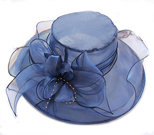 YUEMING Mujeres de Sol Sombrero,Sombrero de Organza para Mujer, Cinta Floral de ala Ancha para Damas, Derby Iglesia Vestido Sombrero Bucket Boda Bowler Sombreros (Azul)