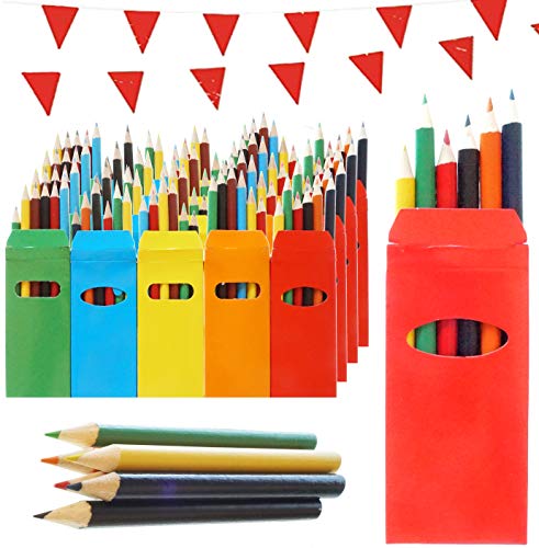 25 Sets de Lápices de Colores Infantiles Partituki. 6 Mini Lápices por Caja. 150 Lápices en Total. Con Guirnalda de 10 m. Ideal Fiesta de Cumpleaños Infantiles, Recuerdos de Bodas y Colegios