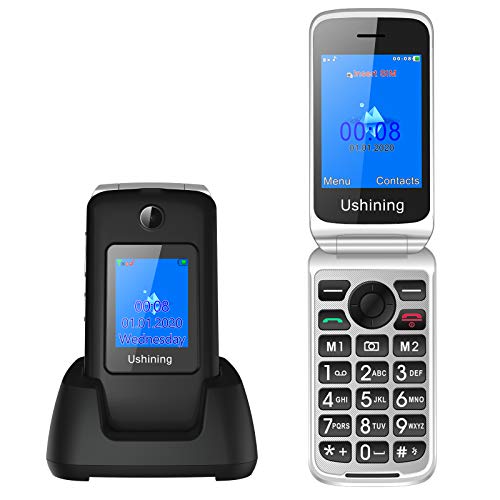 3G Telefono Movil para Mayores,Ukuu 2,8"+1,8" Dual Pantalla Telefonos Móvil con Tapa Teclas Grandes Dual SIM Desbloqueo Alto Volumen 1200mAh y Base Cargadora (Negro)