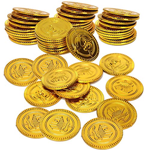 50 monedas de oro de plástico, monedas de juguete de dinero falso del tesoro pirata, moneda de juego de caza del tesoro infantiles, decoración de cumpleaños y suministros para fiestas