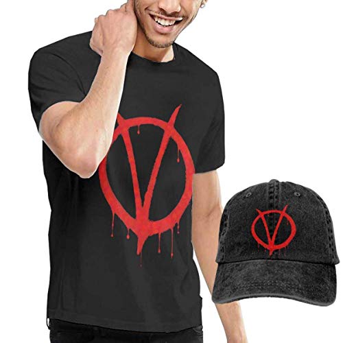 AOCCK Camisetas y Tops Hombre Polos y Camisas, Mens Vintage V for Vendetta T-Shirts and Washed Denim Hat Casquette Black
