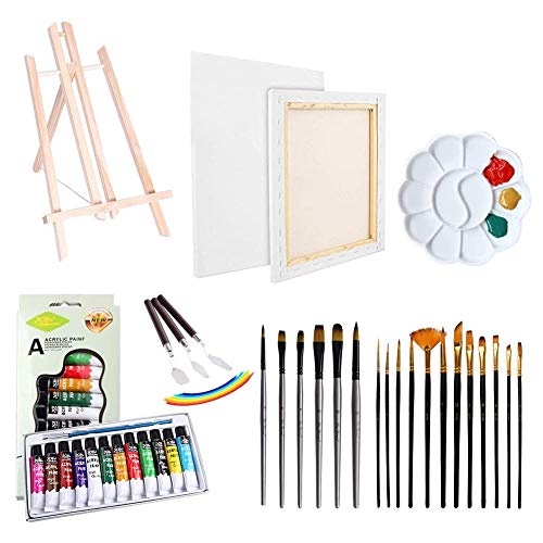 Artist Painting Set 37Pcs Art Supply con caballete de mesa de madera, 12 colores acrílicos, lienzo estirado, cuchillo de paleta, pinceles y paleta de plástico para principiantes de dibujo