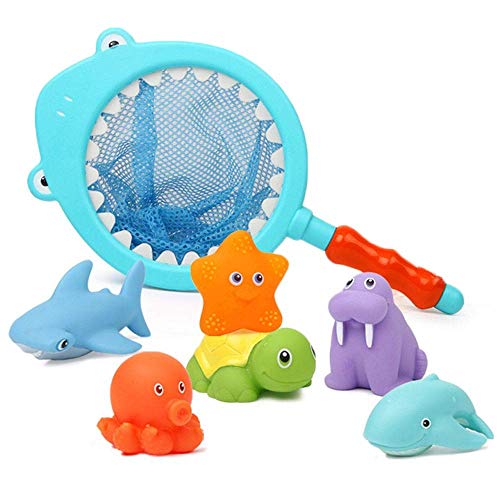 AugSep Beach Toys for 1-2 Year Old Kids Bath Toys Net Fishing Toy squirters Fish Game in Bathtub Bathroom Pool Sea Animal Toys Net (Set of 7)