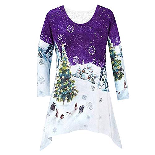 Auifor Navidad de la Manera Informal Camisa de la impresión de Las Nuevas Mujeres Top Woodland Escena del Invierno de la Blusa(Púrpura/Large)