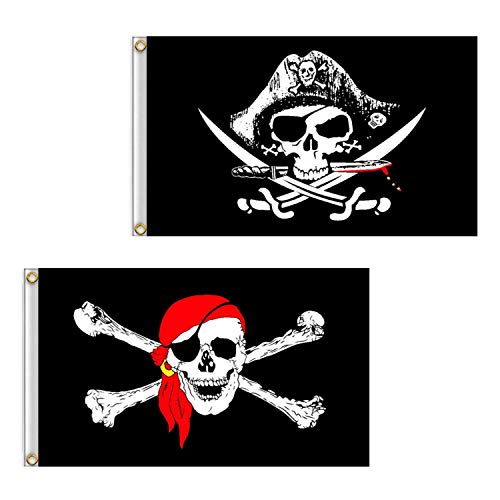 Bandera pirata de, 2 unidades de 2 x 3 pies con cráneo y navaja cruzada Jolly Roger (bufanda roja) bandera para exteriores y fiestas piratas, Bandera de cuchillo de cruz y bandera