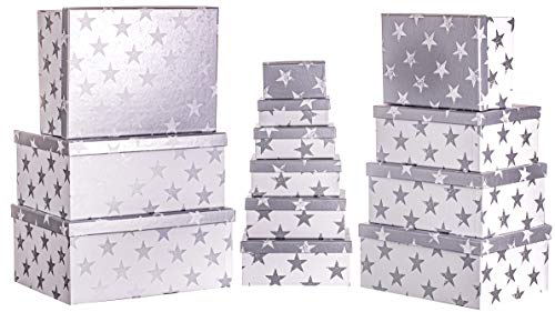 Brandsseller Caja de regalo de cartón con tapa – Caja de cartón estable – Juego de 13 en tamaño descendente – Estrellas / Plata