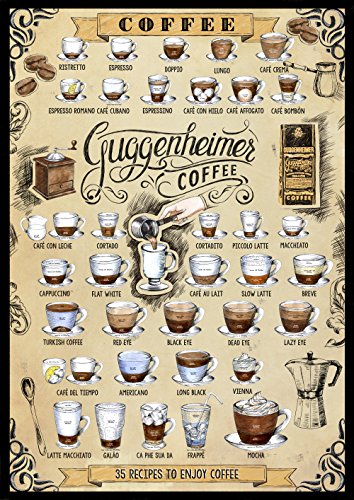 Café Póster - Cartel de café - 35 Recetas de café - 35 Recipes to Enjoy Coffee - Impreso de 50 x 70 cm