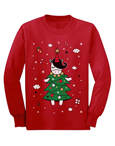 Camiseta de Manga Larga para niños - - Unicorn Xmas Tree - Jersey Féo de Navidad para Niñas 5/6 Años 116cm Rojo