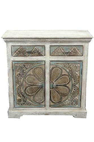Consola oriental, aparador estrecho de 90 cm, color blanco y marrón, estilo oriental vintage, tallada a mano, aparador rústico de madera, decoración asiática de la India