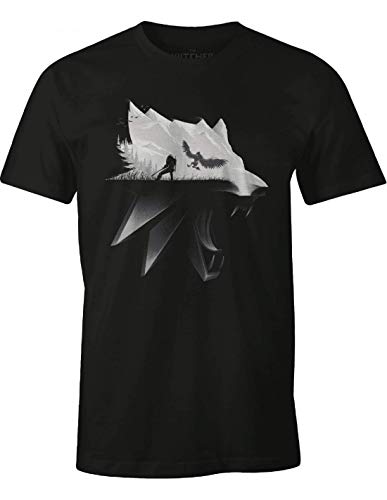 Cotton Division Witcher camiseta para hombre de la silueta del lobo Geralt de algodón negro Riva Wild Hunt - L