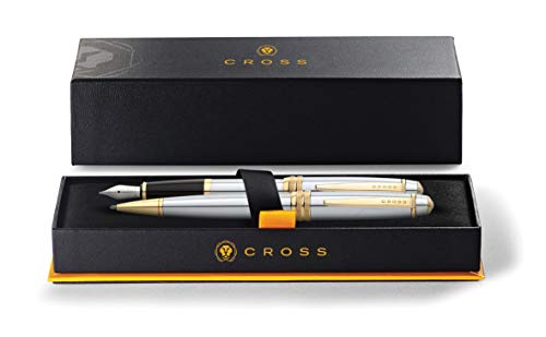 Cross Bailey - Juego de bolígrafo y pluma estilográfica (revestimiento de oro galvánico de 23 quilates, tinta negra, indeleble)