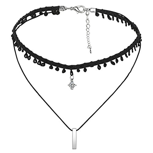 Daesar Joyería Gargantilla Terciopelo Negro para Mujer Cuello Cuero Gótico Cuerda Rectangle Bar CZ Plata Negro Chokers Collar Cadena 32.5+5.8cm