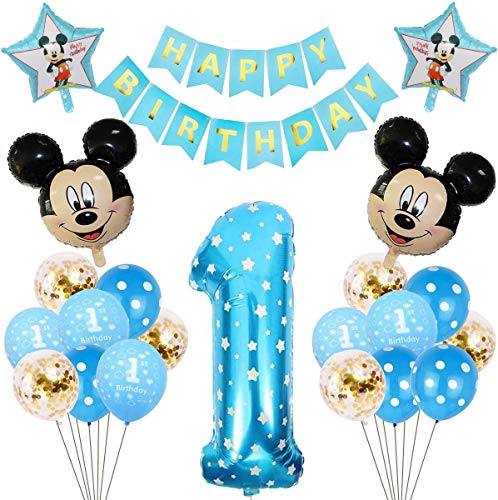 Decoraciones de Cumpleaños de Mickey Mouse, BESTZY 1er Cumpleaños Bebe Azul Globos Decoraciones de Fiesta Temática Azul de Mickey Globos de Confeti de Latex Boy