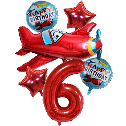 DIWULI, Juego de globos grandes para avión, tamaño XXL, con número 6 números, color rojo, estrella con el texto "Happy Birthday", globos de 6º cumpleaños infantiles, decoración de avión