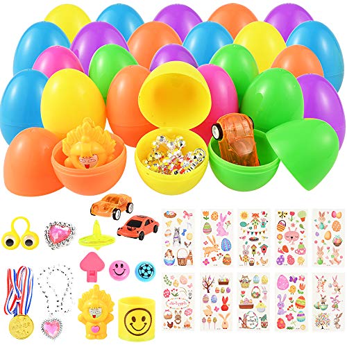 Faburo 12 PCS Huevos de Pascua con 12 PCS Mini Regalo de Juguete,Huevos de Plástico Precargados de Colores Brillantes con 80 PCS Pegatinas de Pascua