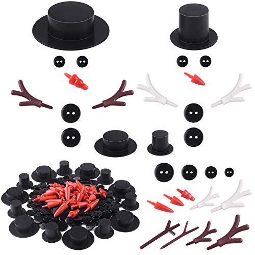 FEPITO 344 Piezas de Bricolaje muñeco de Nieve Kit Incluye Mini Negro Sombreros de Copa Zanahoria narices Botones Negros diminutos y plástico Buckhorn Elaboración de Navidad y Costura Suministros