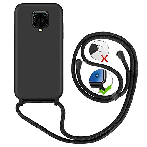 FMPC Funda Cuerda Compatible con Xiaomi Redmi Note 9s/Note 9 Pro, Ajustable Collar Correa de Cuello Cordón Carcasa de Líquida Suave Silicona Colgante, Negro