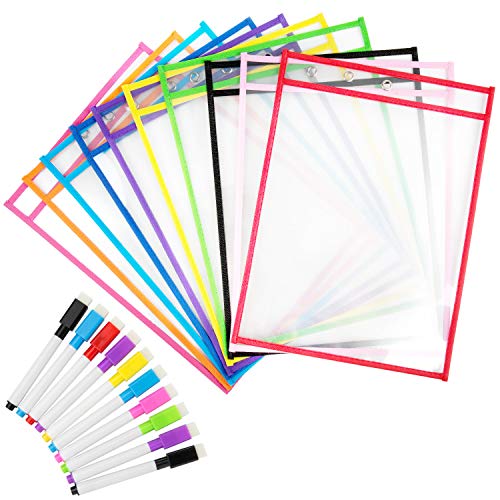 Fundas para Escribir y Borrar, Diealles Shine 10pc Colores Diferentes Resuable Dry Erase Pockets Papelería Suministros con Bolígrafos, Ideal para Uso en la Escuela o en el Trabajo, 35.5×25.5 cm