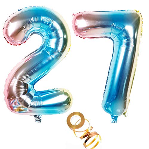 Globos de aire de 40 pulgadas, número 27 en arco iris para niñas, decoración de cumpleaños, número 27, globos de helio, número de globos con números, tamaño XXL, 100 cm, decoración para bodas
